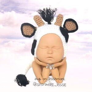 Baby Cow Calf Hat & Tail Halloween Costume Infant NB Boys Girl Handmade Crochet